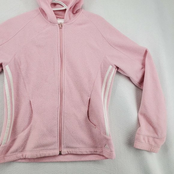 Adidas Shirt Women's L/S Full Zip Hooded Sweatshirt Three Stripe Fleece Pink Sm - Picture 5 of 12